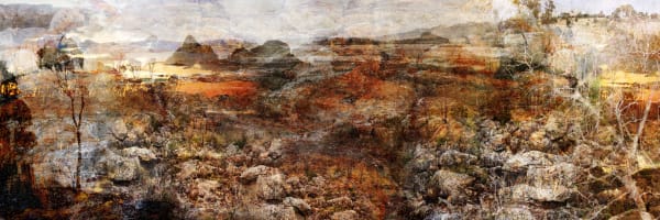 Troy Ruffels Weathering at the edge - Stone, Lichen, River and Sky, 2022 digital print on aluminium panel 100 x 300cm Edition of 3 plus 1 artist's proof