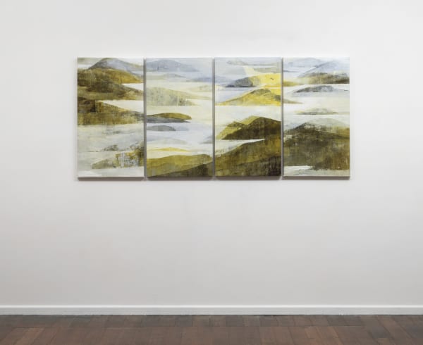 Caroline Rannersberger D’Entrecasteaux in saffron quadriptych I, 2018 ink and acrylic on linen quadriptych: 92 x 212cm (overall)