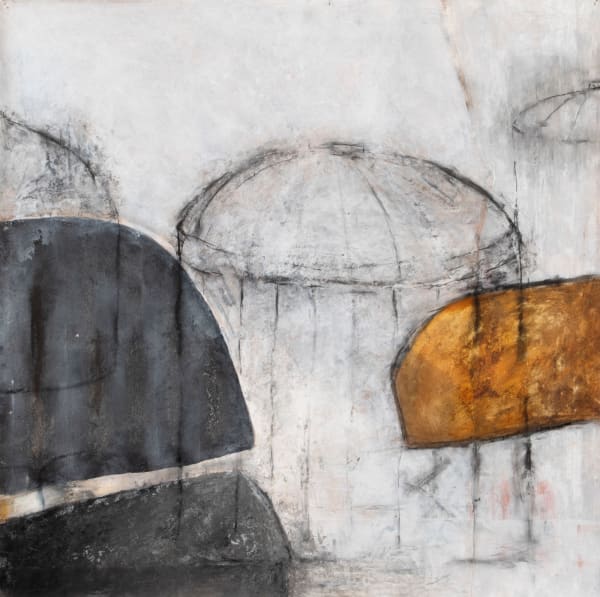 Deborah Leisser Macquarie Point VII, 2024 acrylic, bitumen, sand, oil stick and charcoal on paper, framed 100 x 100 cm (paper size)