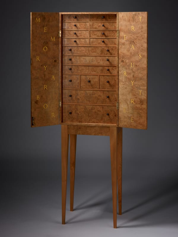 Ingo Kleinert The Treasury Cabinet , 2019 musk, rosewood, brass, pearl shell, acrylic 158 x 44 x 35 cm