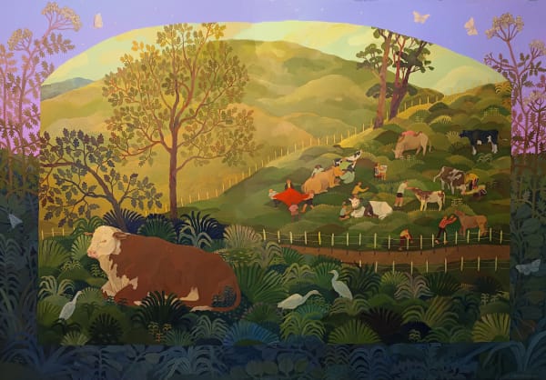 Nicola Gower Wallis The Most Beautiful Cows in Premaydena, 2025 gouache on paper, framed 70 x 100 cm (paper size)