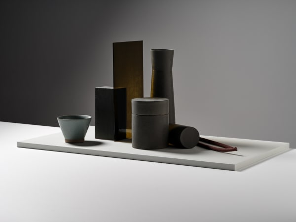 Kelly Austin Stilled Composition 119, 2004 ceramic, glaze, collected earthen materials, glass, timber, acrylic paint 32 x 85 x 45 cm (overall installation size)