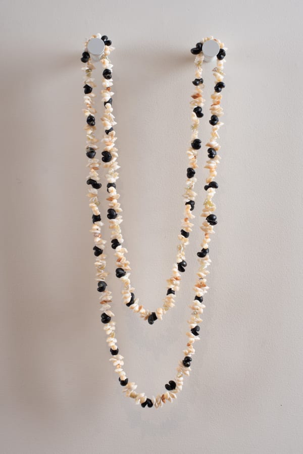 Charlyse Greeno Pakana necklace - beach, 2024 penguin, oat, black crow and blue maireener shells 178 cm (overall length)