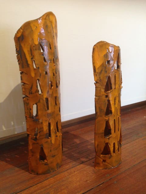 Locust Jones Moz II, 2014 spanish black clay & tangerine orange glaze dimensions variable: 60 x 18 x 11 cm, 50 x 16 x 11 cm