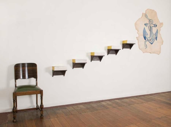 Julie Gough Witness, 2007 Found chair, wood, papers with ink on goat vellum Installation, approx: 180 x 350 x 35 cm