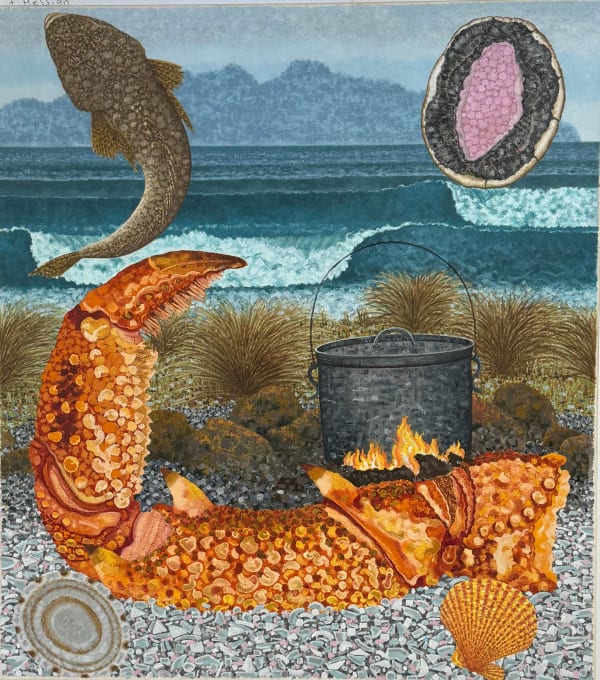 Richard Wastell Surf's up. Schouten Island from Shelly Point camp, 2024 oil and pumice on linen 137 x 122 cm (stretcher size)