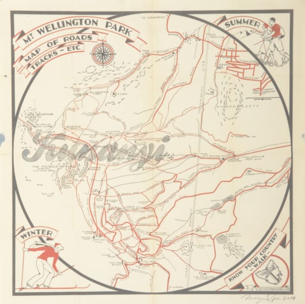Megan Cope Kunanyi, 2014 watercolour on printed map on archival paper, framed 55 cm x 55 cm
