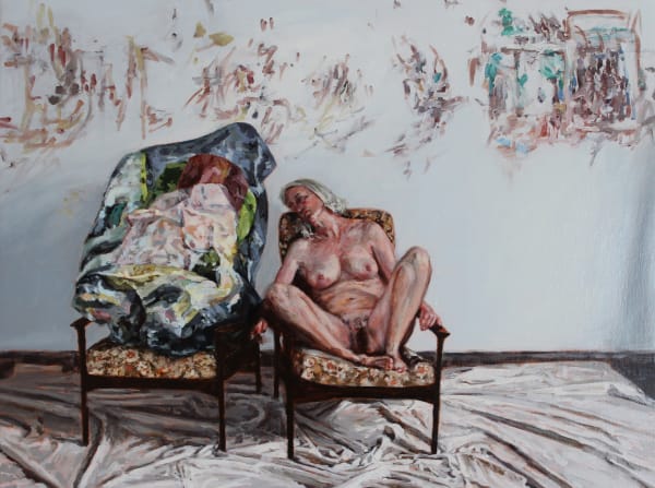 Amanda Davies The artist's model, with crushed Stoner painting, 2019 oil on linen 30 x 40 cm