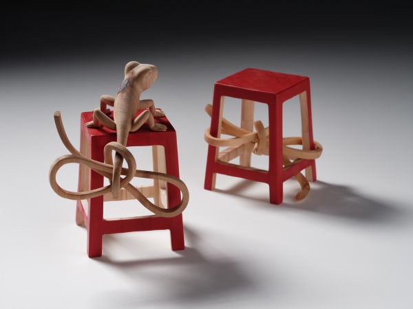 Chi Ling Tabart Pet Trade, 2025 Huon pine, radiata pine, cypress pine and acrylic paint 16 x 12 x 35 cm (approx overall installation)