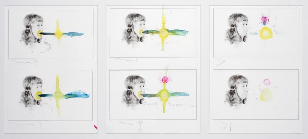 Sally Rees Flock (Deb P) production frames 193-198, 2020 hand-painted inkjet print on watercolour paper, framed triptych: 43 x 79.5 cm (overall frame size)