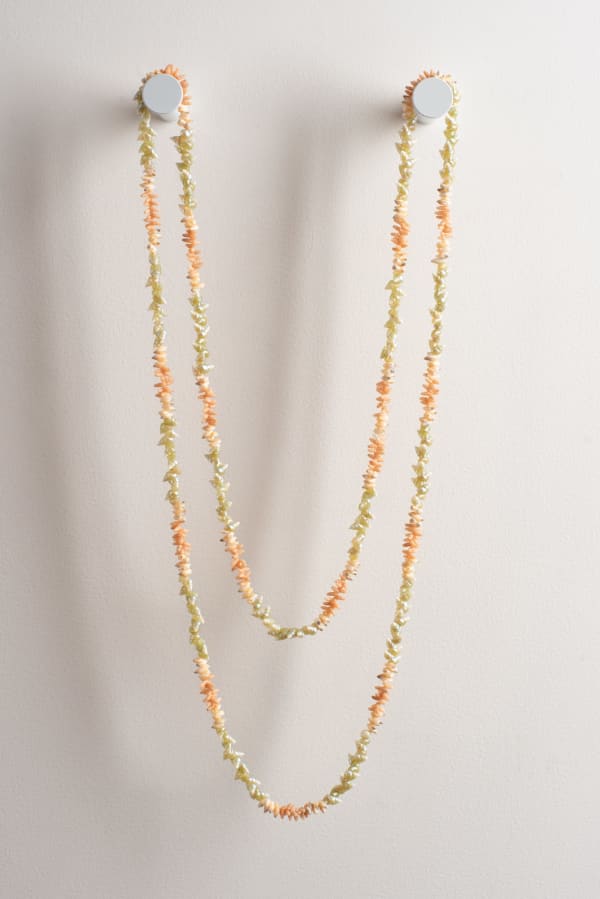 Fiona Green pakana necklace, 2024 blue maireener, rice & oat shells 154 cm (overall length)