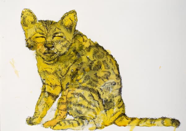 Sally Rees Self Portrait as a Pisscat, 2019 hand-painted inkjet print on watercolour, framed 35 x 44 cm (frame size)