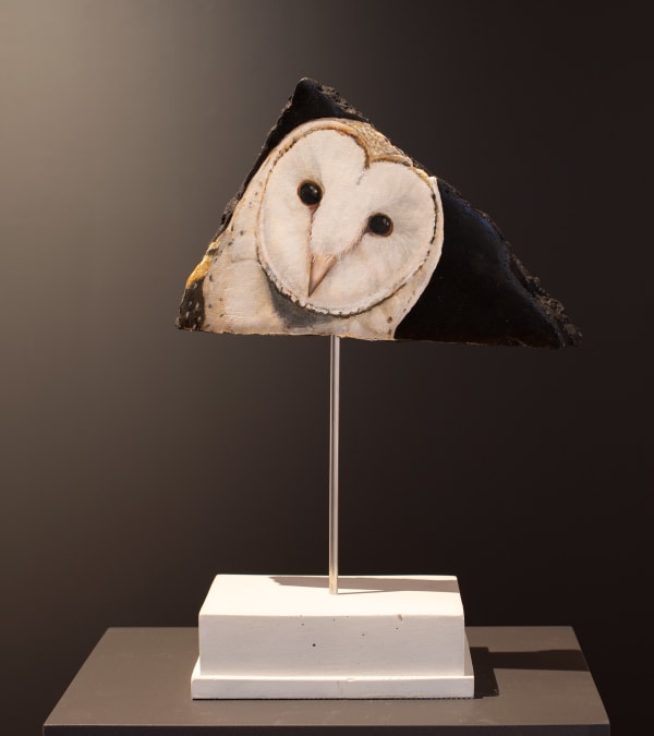 Helen Wright An owl flew out of the night, 2024 oil on cement, metal & cement stand 23 x 36 x 4 cm (cement size) 52 x 21 x 36 cm (overall including stand)