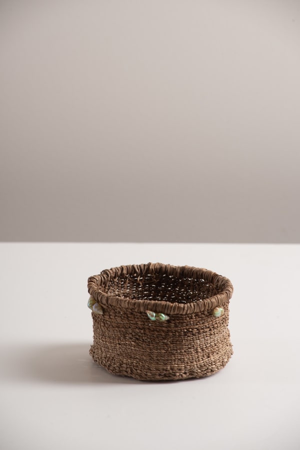 Tracy Purdon pakana traditional weave beasket, 2024 river reed & blue maireener shells 7 x 12 x 12 cm (overall size)