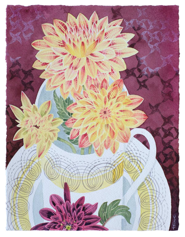 Angie Lewin RWS RE, Persephone Cup with Dahlias