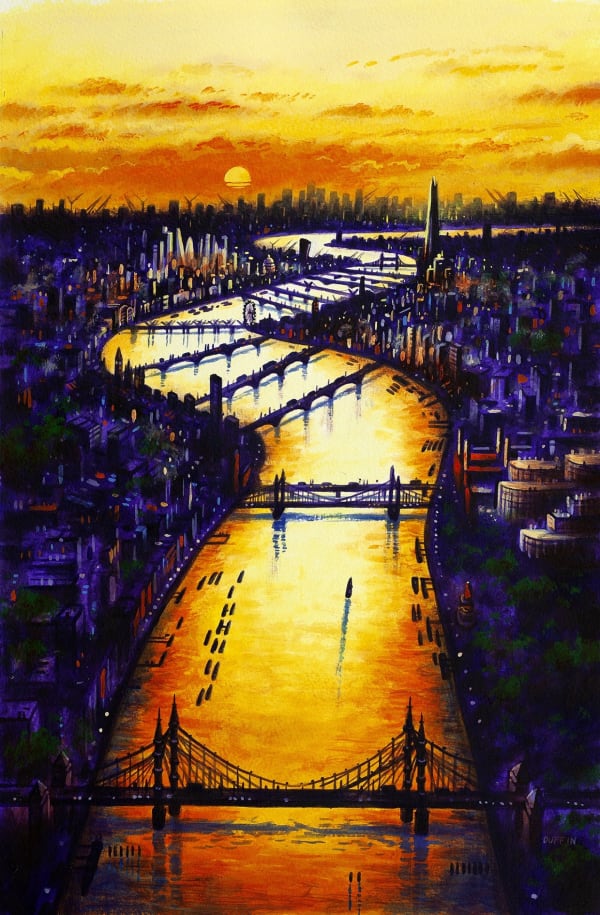 John Duffin RWS RE, Thames Bridges East, Sunrise