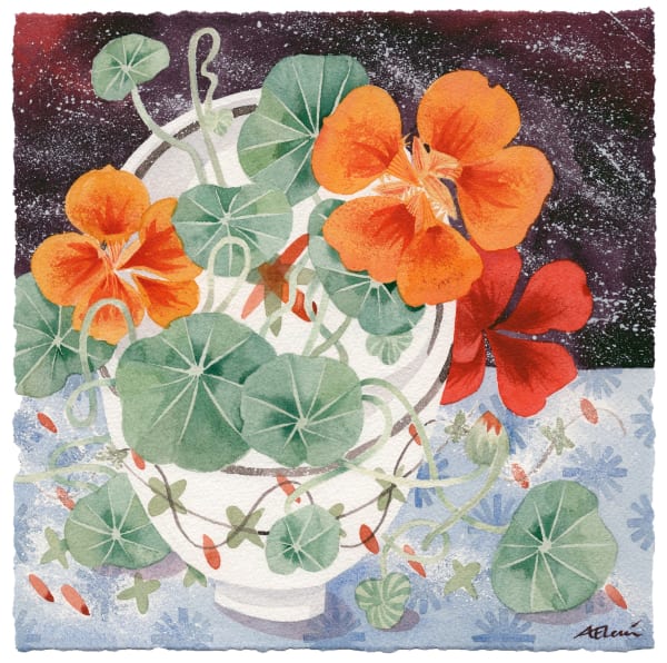 Angie Lewin RWS RE, Nasturtiums and Teabowl