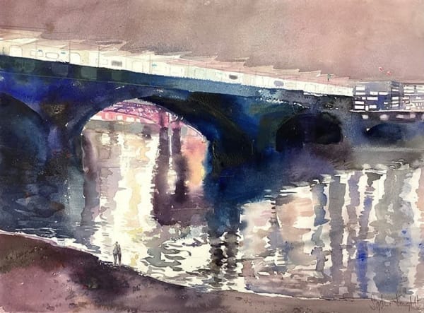 Sophie Knight RWS, Lights on the Water, Young Couple on a Winter's Night by Blackfriars Bridge