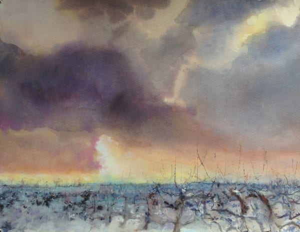 Sophie Knight RWS, An Army of Apple Trees, Some Snow and Setting Sun, Winter, Kent