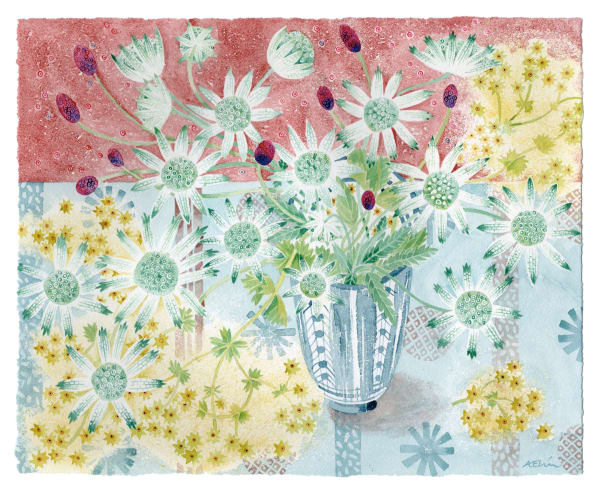 Angie Lewin RWS RE, Rye Pot with Summer Flowers