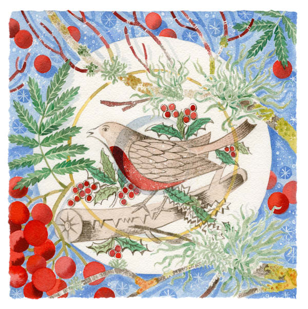 Angie Lewin RWS RE, Winter Bird and Berries
