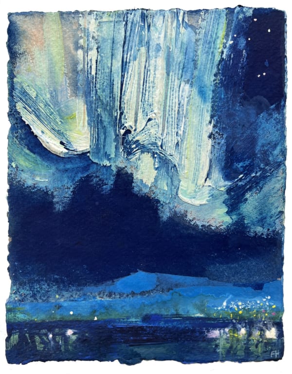 Frances Hatch RWS, Northern Lights and Lights of Storekorsnes, N Norway. Alta Fjord.