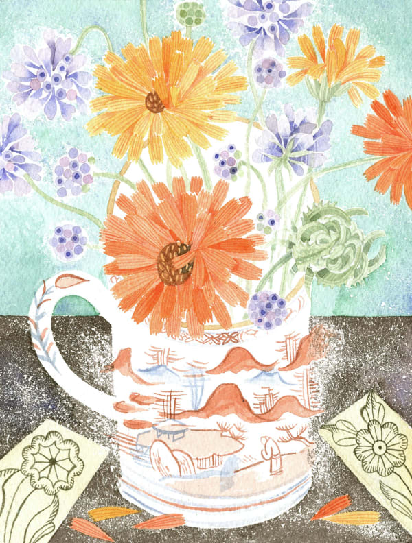 Angie Lewin RWS RE, Marigolds and Scabious