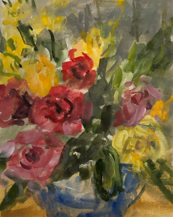 Lucy Marks RWS, Yellow Roses and Blue Jug
