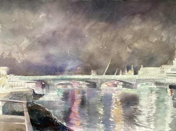 Sophie Knight RWS, Blackfriars Bridge illuminated with reflections on the Thames