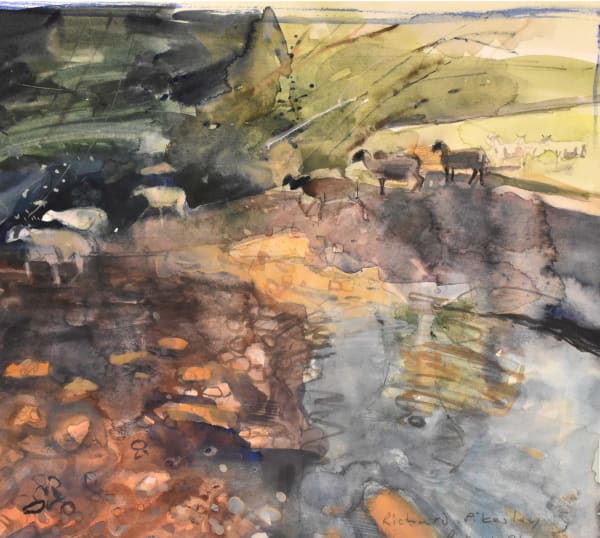 Richard Pikesley RWS, Sheep in the stream, Axe Valley