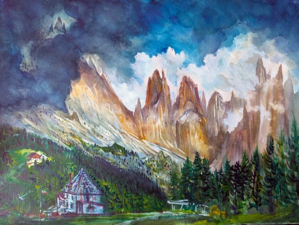 Neil Pittaway RWS RE, Storm moving in on the Catinaccio, (Rosengarten) Massif, Dolomites, Italy