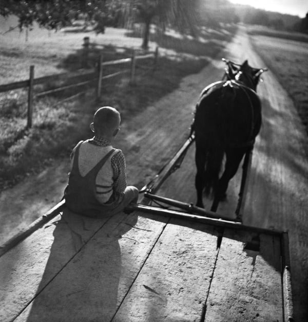 René Groebli, Boy on horse cart, Winterberg, Switzerland | Bub auf Karren, 1946