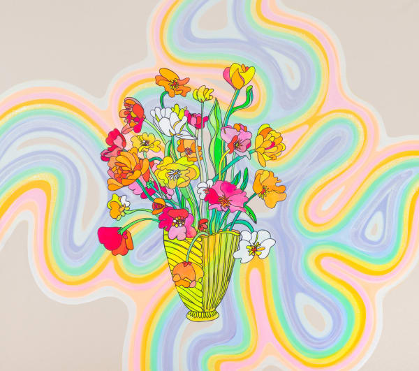 Contemporary flower art using playful colors and lines
