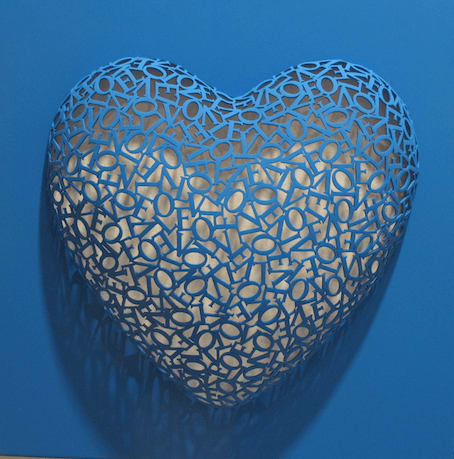 Wall sculpture using letters "Love" in a heart shape