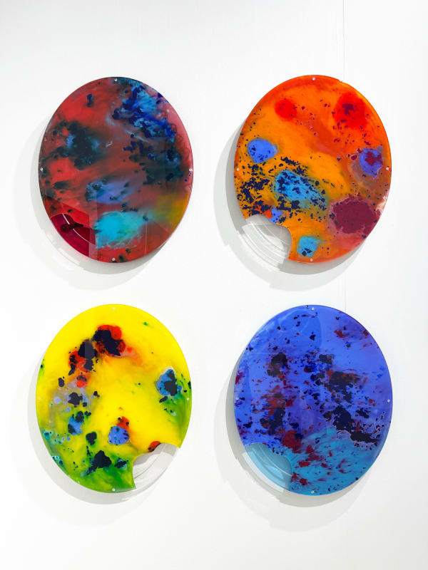 four oval shaped mixed media abstract art