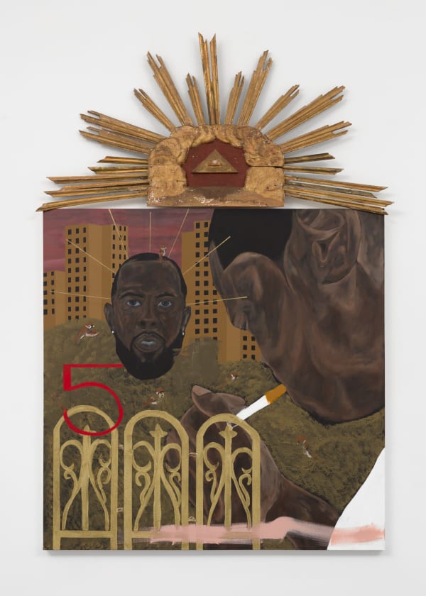 Jammie Holmes Illusions and Meanings, 2021 Wood, acrylic and oil pastel on canvas 112 x 72 1/8 x 3 1/2 inches 284.5 x 183.2 x 8.9 cm (JHO.18758)