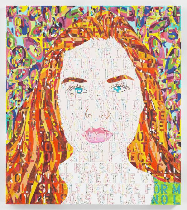 Ghada Amer Portrait of Hannah, 2021 Acrylic, embroidery, and gel medium on canvas Transcription: '‘We revolt simply because for many reasons we can no longer breathe" 42 1/8 x 37 1/4 inches 107 x 94.6 cm (GHA.18686)