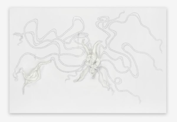 Nicholas Hlobo Ivulandlela, 2018 Ribbon and leather on canvas 47 1/4 x 70 7/8 x 7 7/8 inches 120 x 180 x 20 cm