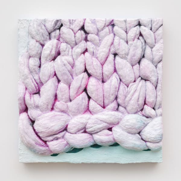 Gina Beavers Chunky knit throw in Misty Rose, 2024 Oil, acrylic, putty, paper pulp, and wood stain on panel 20 x 20 x 3 1/2 inches 50.8 x 50.8 x 8.9 cm (GBE.21139)