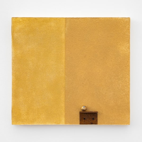 Pier Paolo Calzolari Senza titolo, 2022 Salt, pigment, wooden ball, gold leaf, oxidized iron, flannel on wood 19 3/4 x 21 5/8 x 4 3/8 inches 50 x 55 x 11 cm