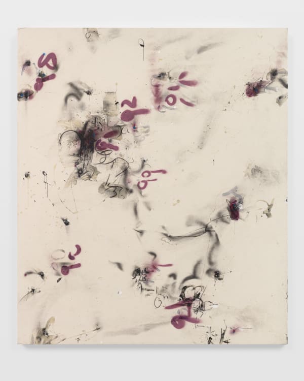 Suzanne McClelland Formula #1 with Barium and Krypton, 2019-20 Polymer and pastel and spray paint on canvas 85 x 75 inches 215.9 x 190.5 cm