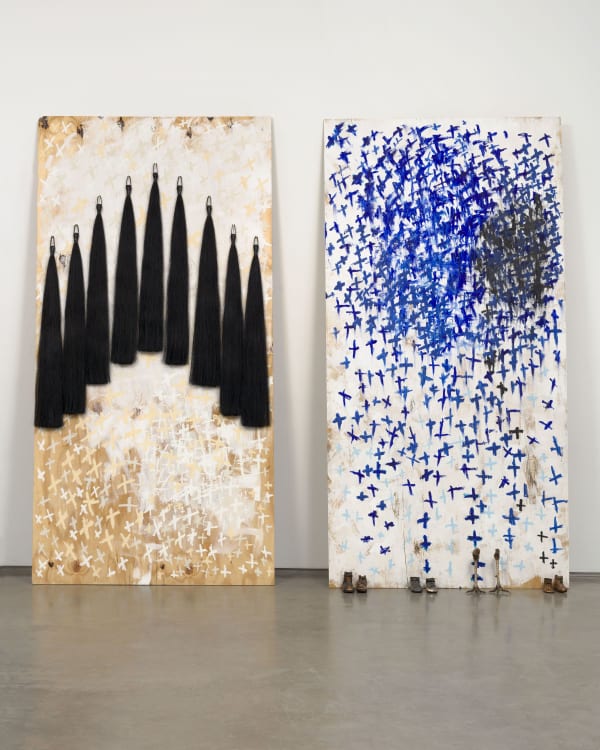 Allison Janae Hamilton, Yard Sign with Yellow and White Constellation, Yard Sign with Blue Constellation, 2019