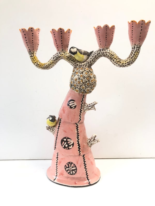 Laurance Simon, Pink candelabra with two yellow tits, handmade ceramic