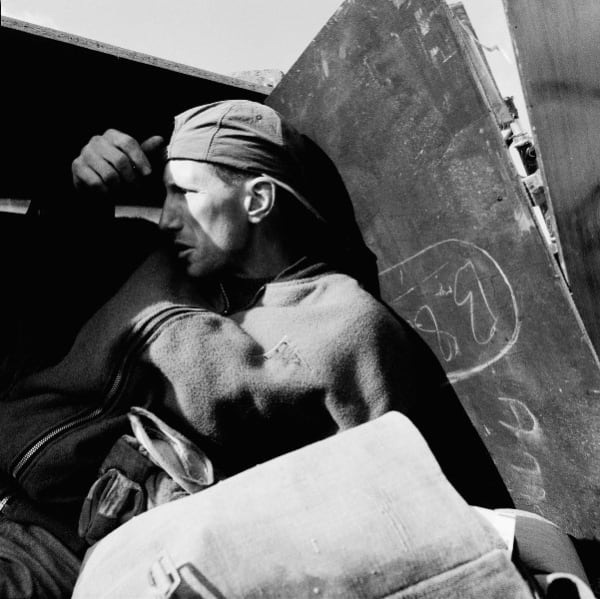 Ken Grant, Leasowe sheltering from the wind, North End, Birkenhead, c1997