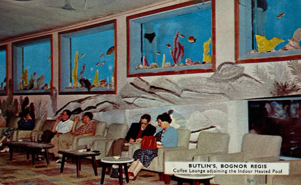John Hinde Studio, Butlin's Bognor Regis: Coffee Lounge adjoining the Indoor Heated Pool., 1962