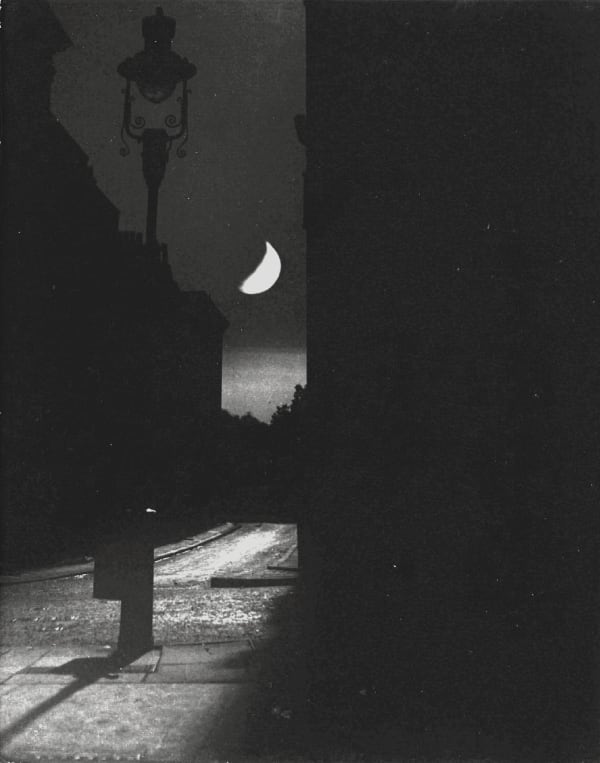 Bill Brandt, Blackout in London, Crescent Moon and Street Lamp, The Adelphi, 1939