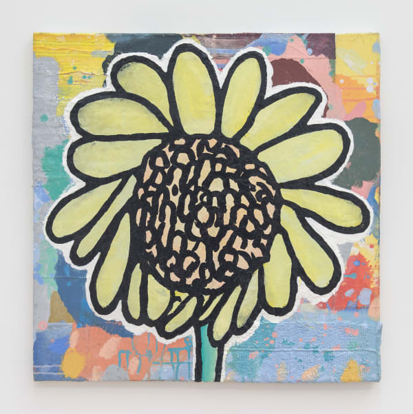 Donald Baechler Smiles of Secretaries (Yellow Flower), 2019 Acrylic and fabric callage on canvas 24 x 24 inches 61 x 61 centimeters