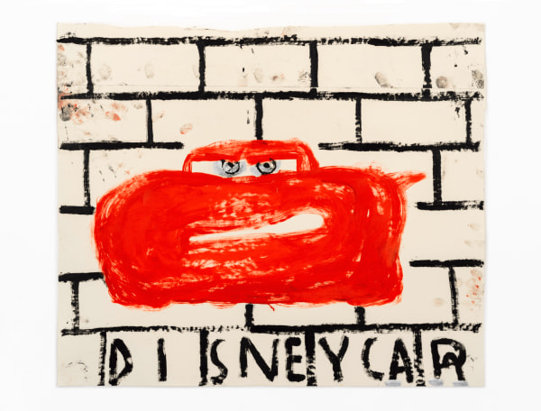 Rose Wylie, Disney Car on brick wall, pale eyes, 2018