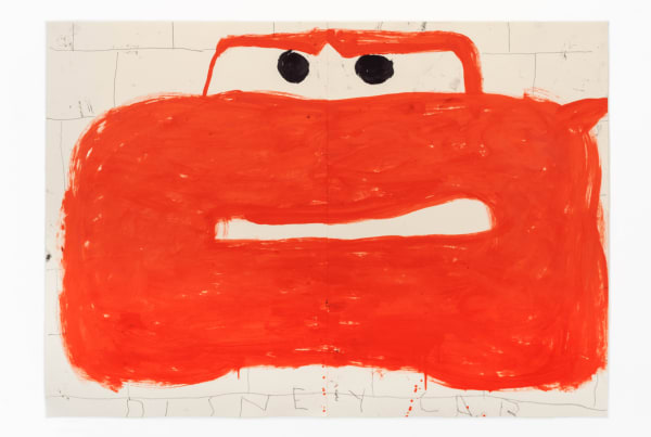 Rose Wylie, Disney Car on brick wall, black eyes, 2018