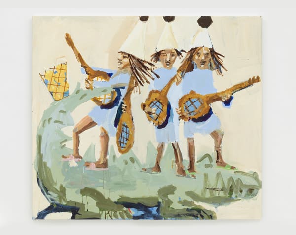 Mie Olise Kjærgaard Three Women Playing Music Instruments, 2021 Acrylic on canvas 76.75 x 86.5 in (194.9 x 219.7 cm)